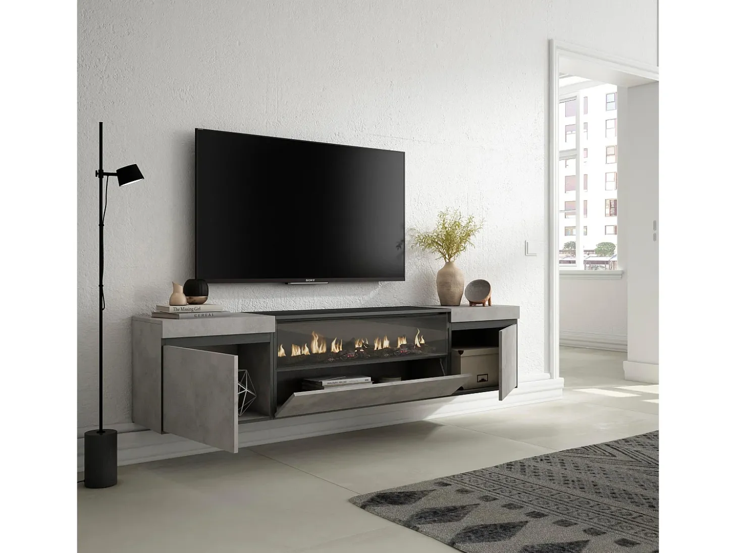 Móvel de TV, 200x35x45cm, Para televisores até 80", Lareira eléctrica, Suspensos, Cimento