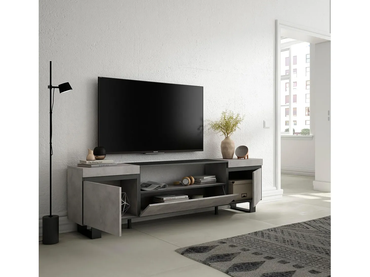 Móvel de TV, 200x35x57cm, Para televisores até 80", Design industrial, Cimento