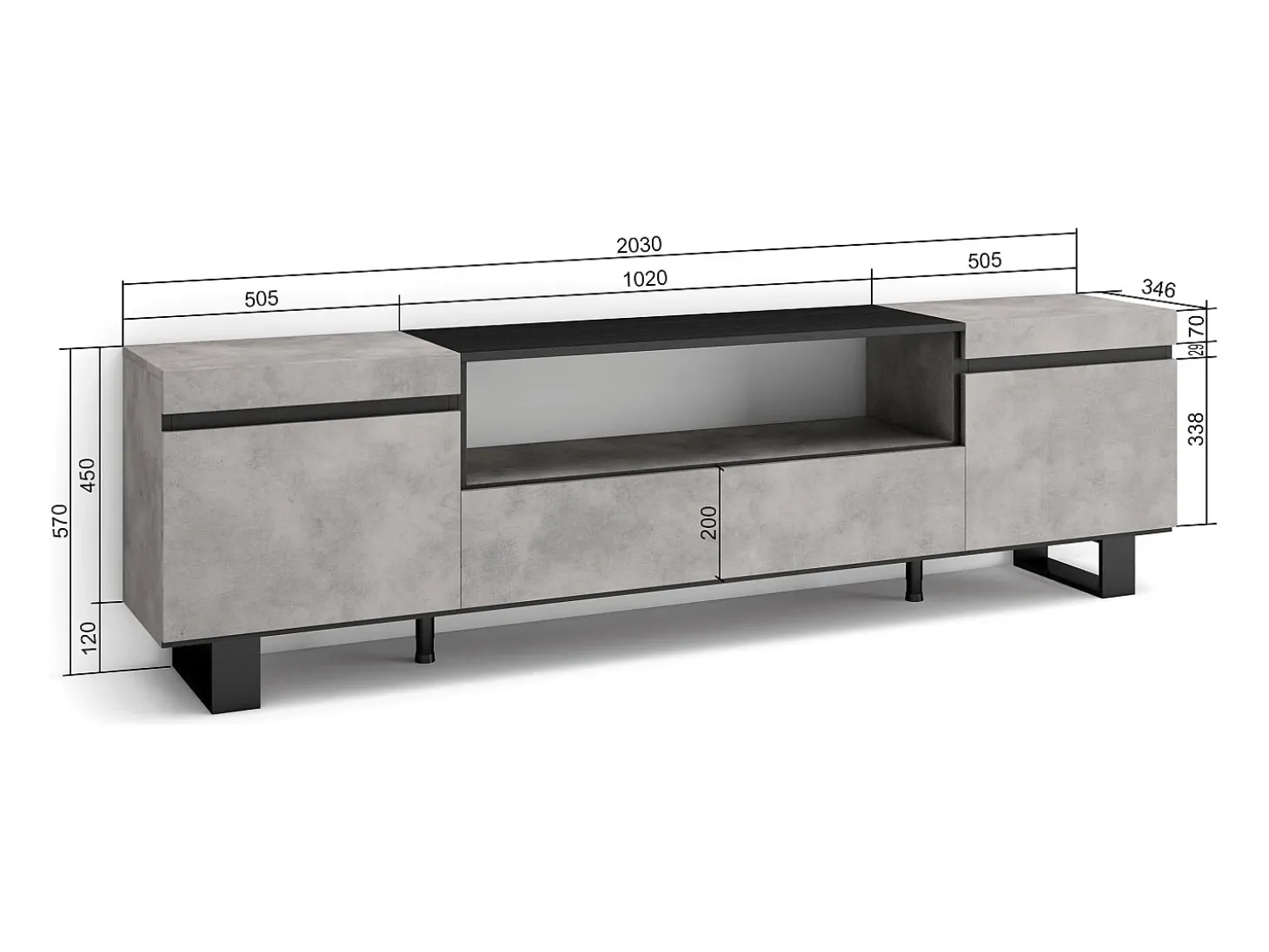 Móvel de TV, 200x35x57cm, Para televisores até 80", Design industrial, Cimento