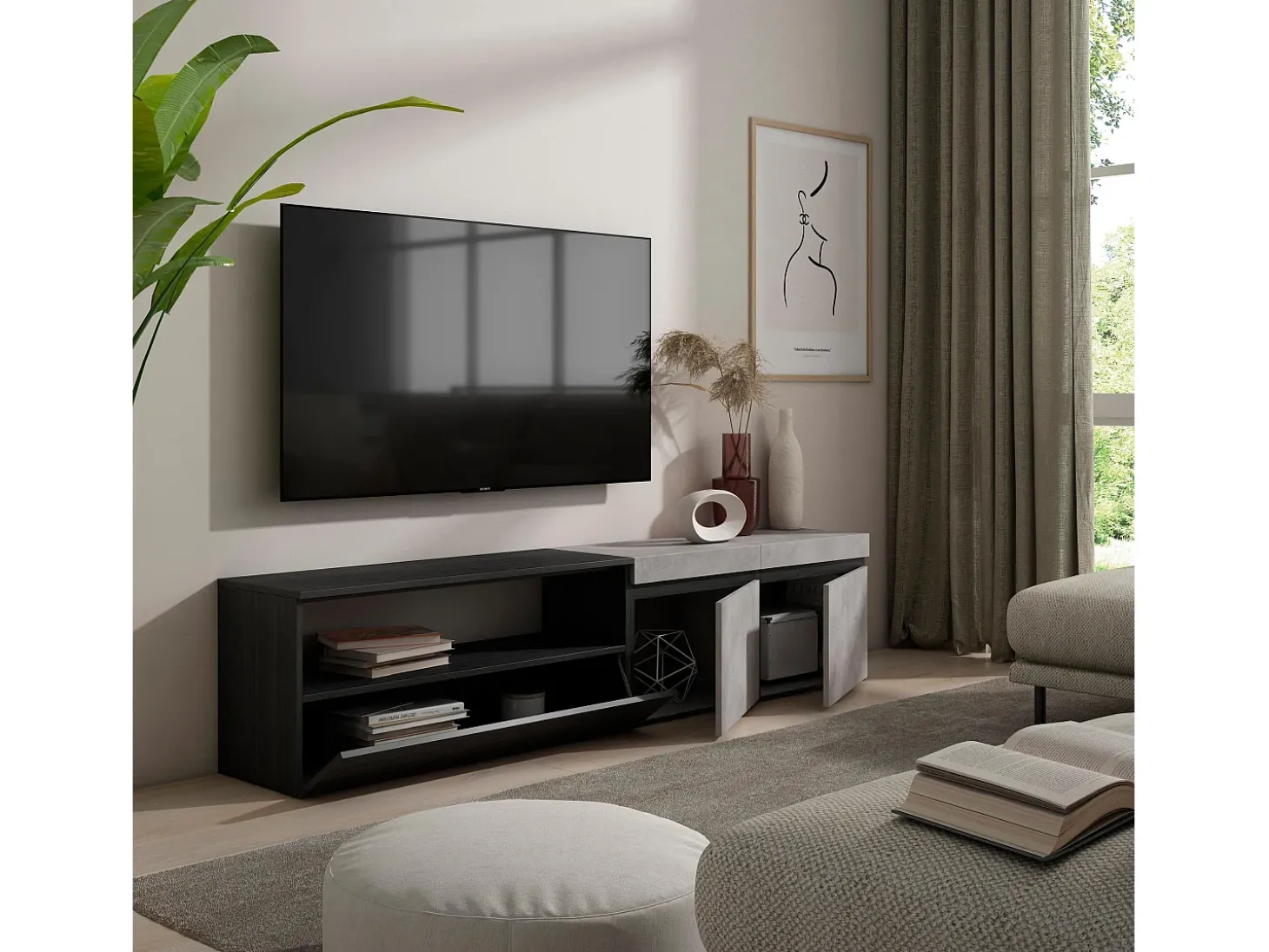 Móvel de TV, 200x35x45cm, Para televisores até 80", Estante para TV, Cimento