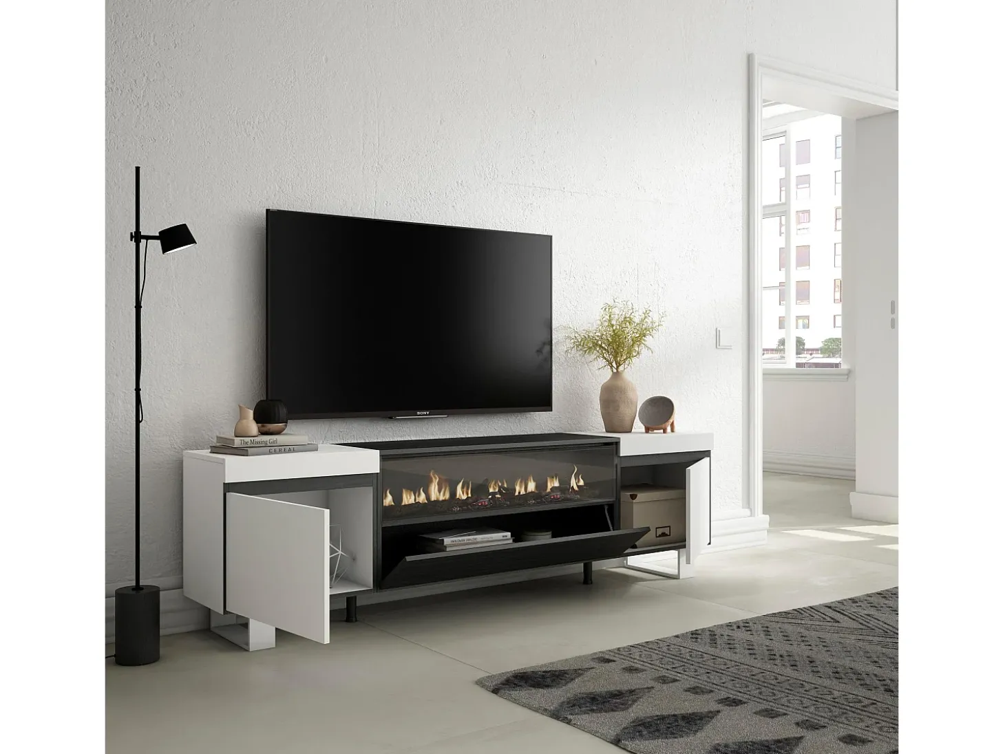 Móvel de TV, 200x35x57cm, Para televisores até 80", Lareira eléctrica, Design industrial, Branco e preto