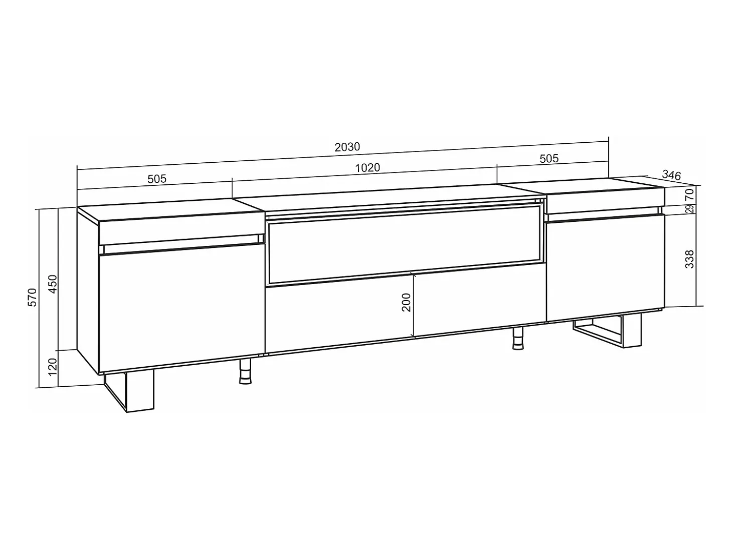 Móvel de TV, 200x35x57cm, Para televisores até 80", Lareira eléctrica, Design industrial, Branco e preto