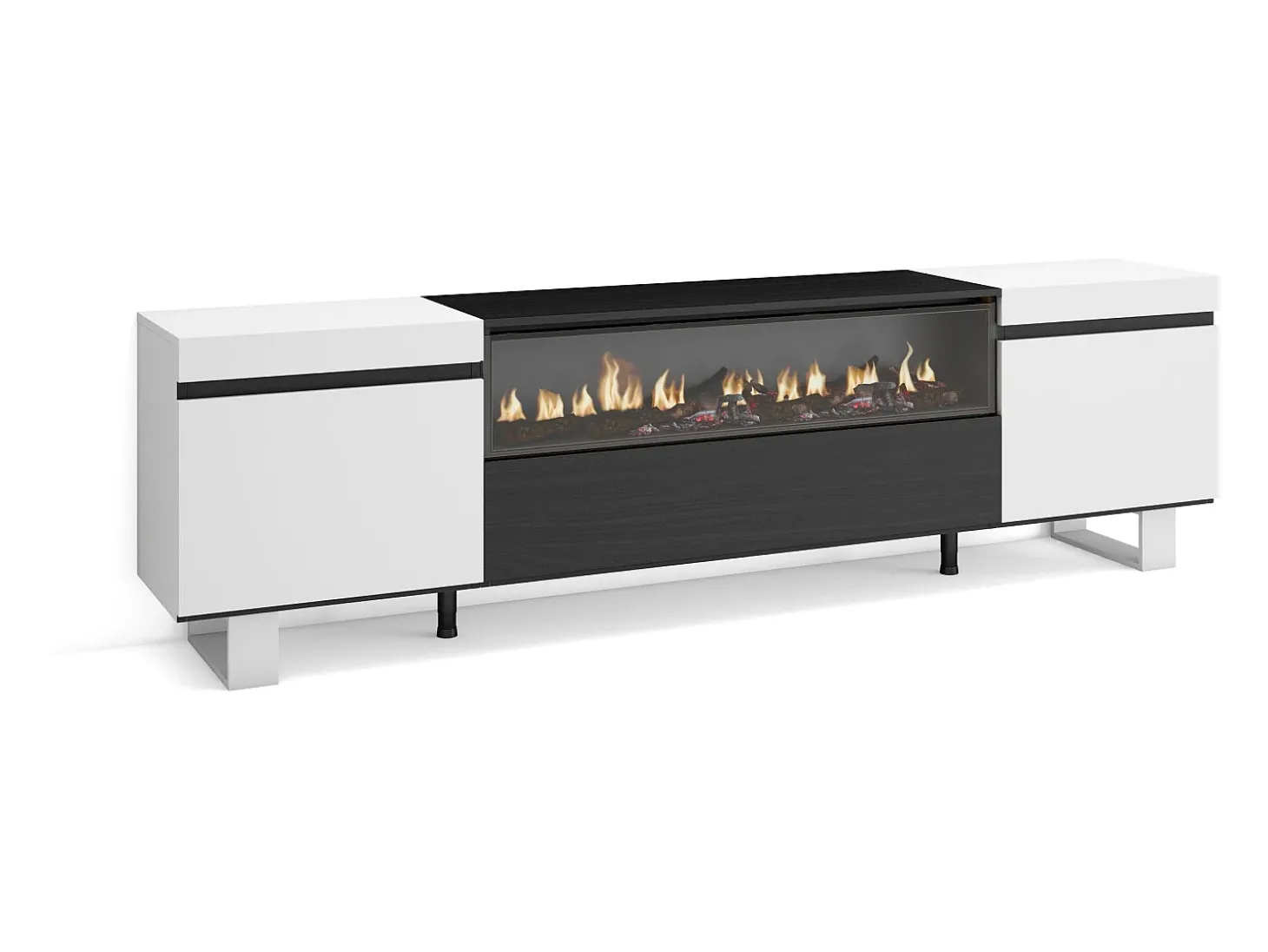 Móvel de TV, 200x35x57cm, Para televisores até 80", Lareira eléctrica, Design industrial, Branco e preto