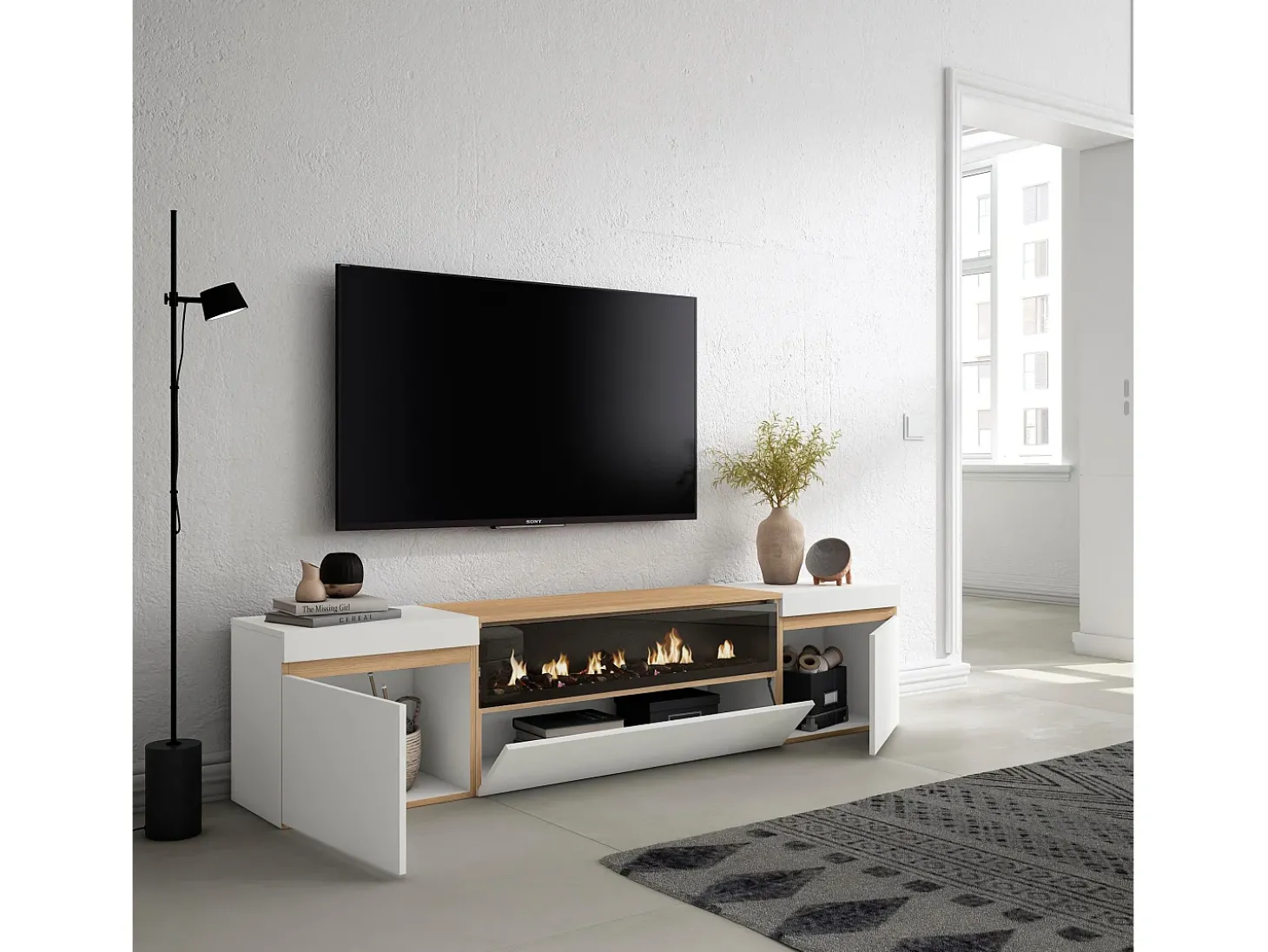 Móvel de TV, 200x35x45cm, Para televisores até 80", Lareira eléctrica, Branco e Carvalho soft
