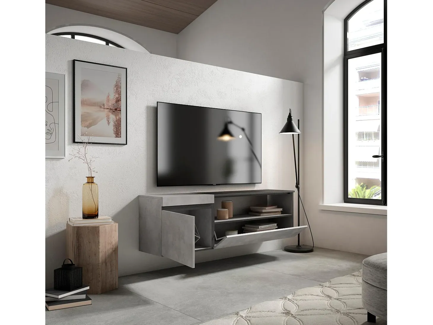 Móvel de TV, 150x35x45cm, Para televisores até 65", Suspensos, Cimento