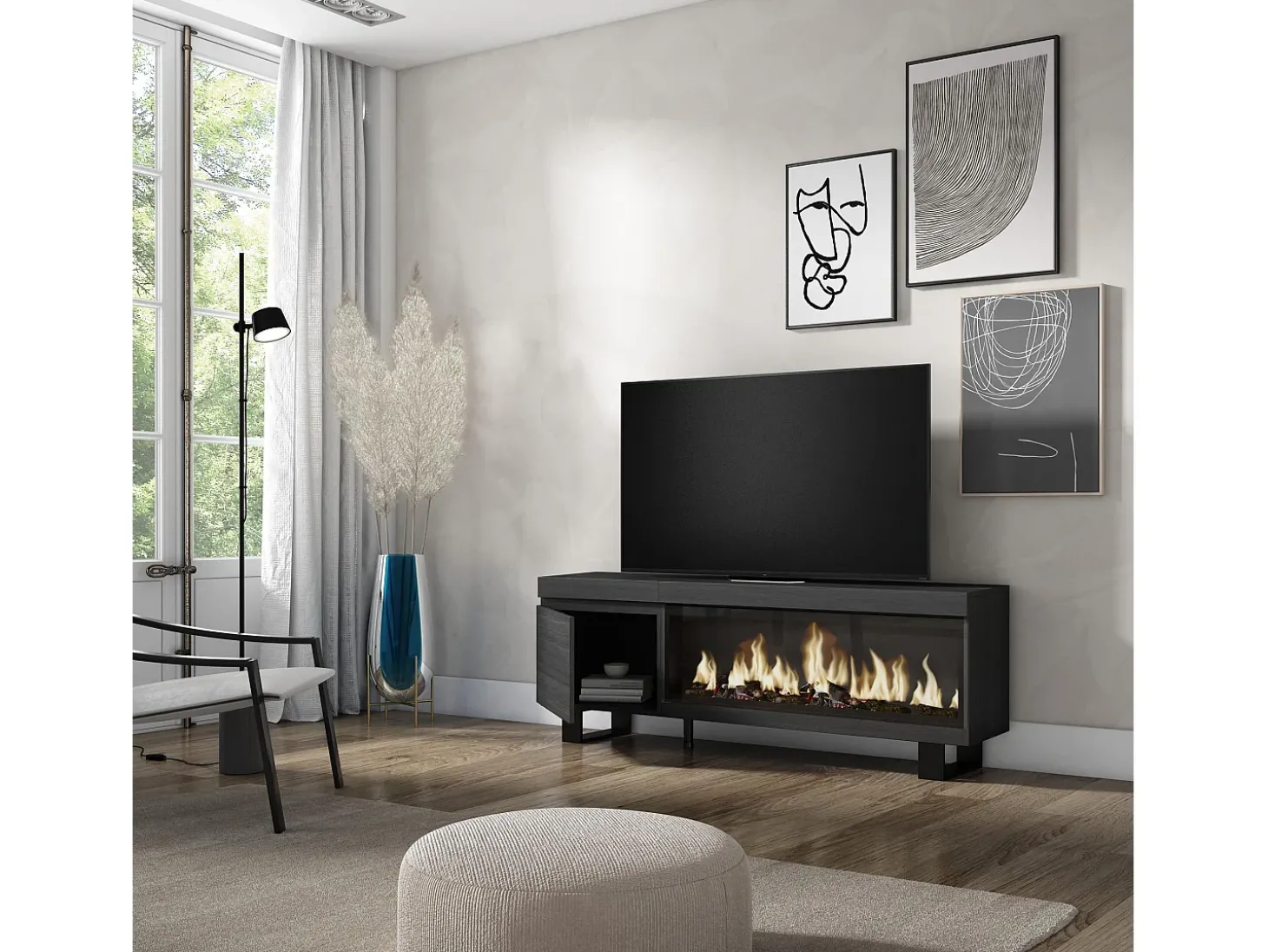 Móvel de TV, 158x35x57cm, Para televisores até 65", Lareira eléctrica XXL, Design industrial, Preto