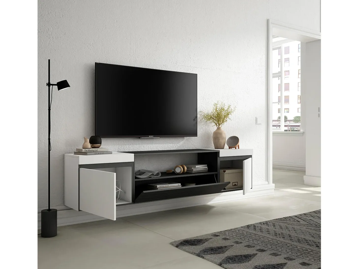 Móvel de TV, 200x35x45cm, Para televisores até 80", Suspensos, Branco e preto
