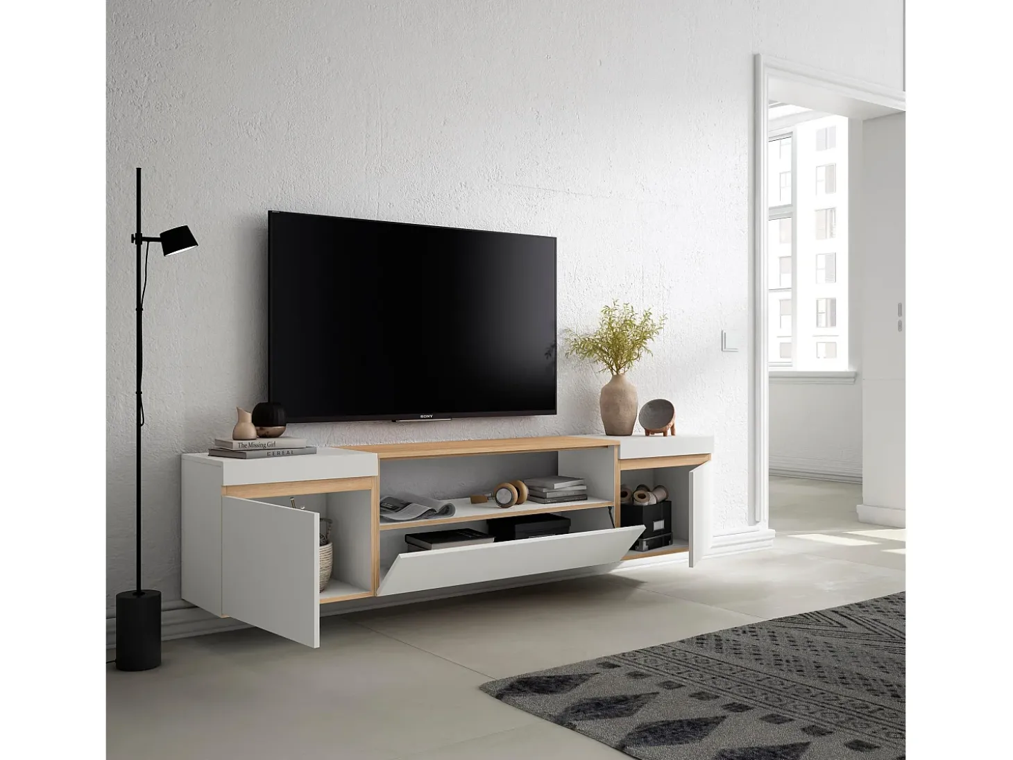 Móvel de TV, 200x35x45cm, Para televisores até 80", Suspensos, Branco e Carvalho soft