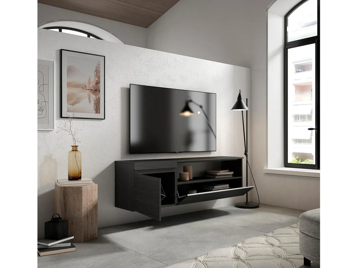 Móvel de TV, 150x35x45cm, Para televisores até 65", Suspensos, Preto