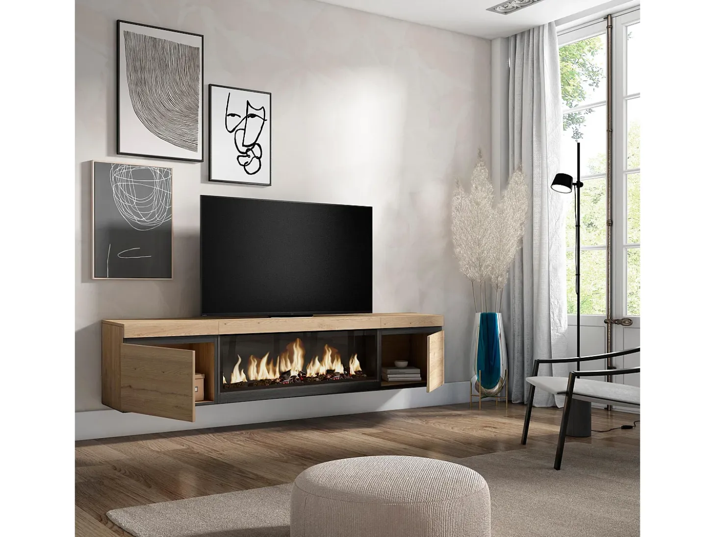 Móvel de TV, 208x35x45cm, Para televisores até 80", Lareira eléctrica XXL, Suspensos, Carvahlo