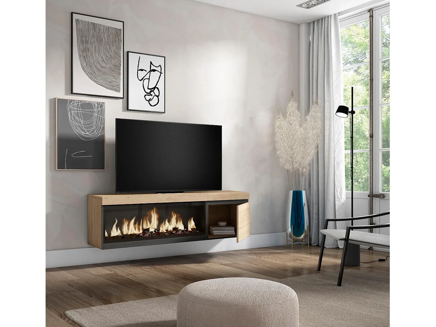 Móvel de TV, 158x35x45cm, Para televisores até 65", Lareira eléctrica XXL, Suspensos, Carvahlo