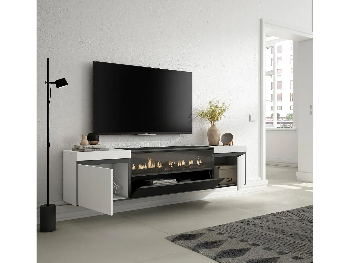 Móvel de TV, 200x45x35cm, Para televisores até 80", Lareira eléctrica, Suspensos, Branco e preto
