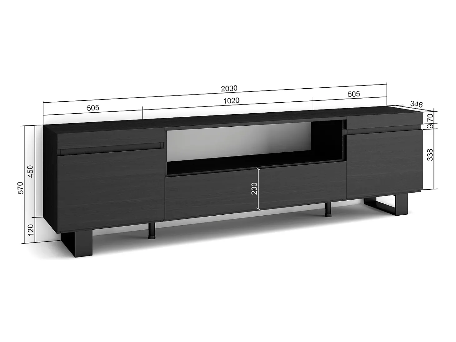 Móvel de TV, 200x35x57cm, Para televisores até 80", Design industrial, Preto