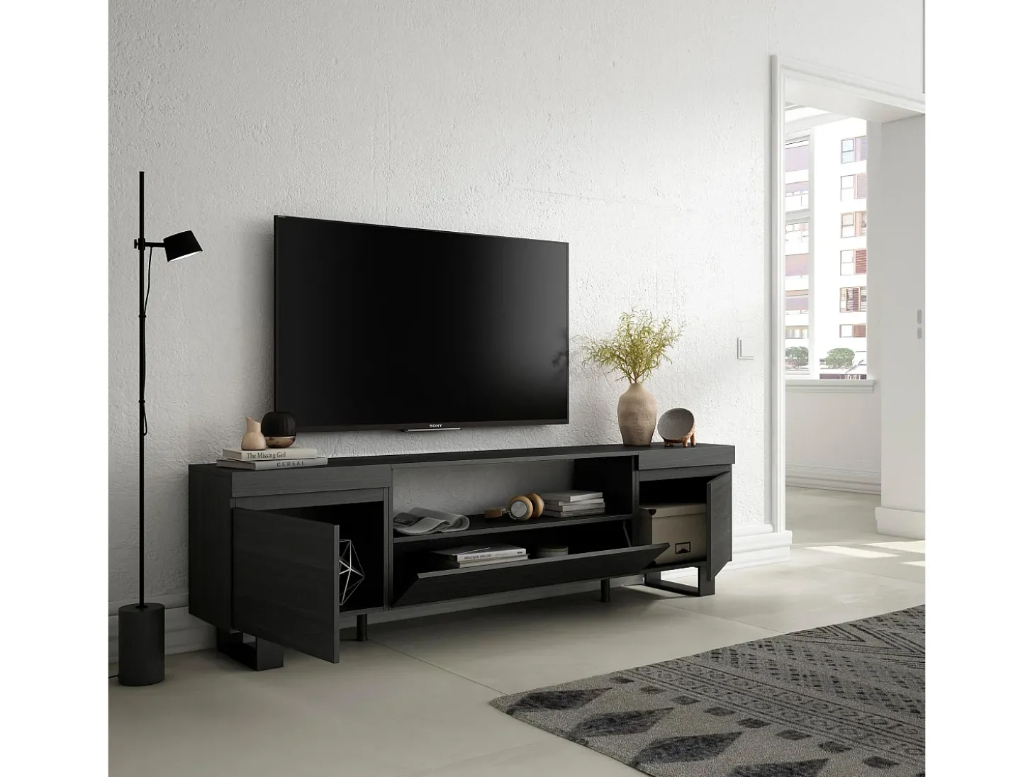 Móvel de TV, 200x35x57cm, Para televisores até 80", Design industrial, Preto