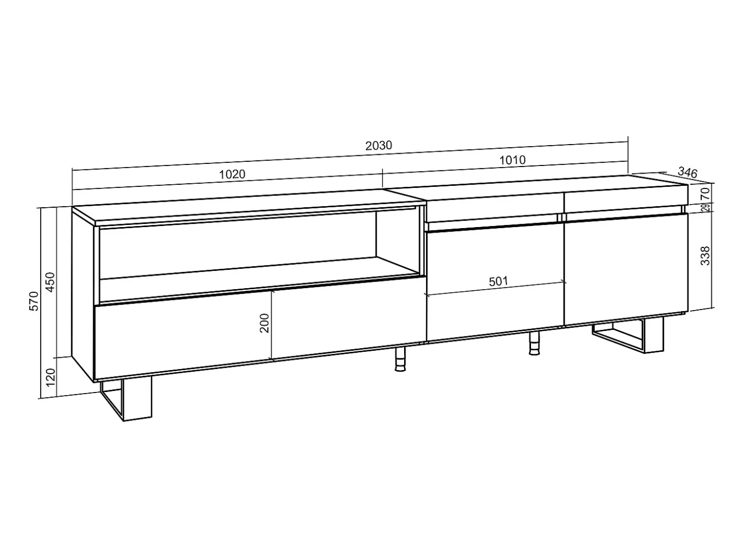 Móvel de TV, 200x35x57cm, Para televisores até 80", Design industrial, Cimento