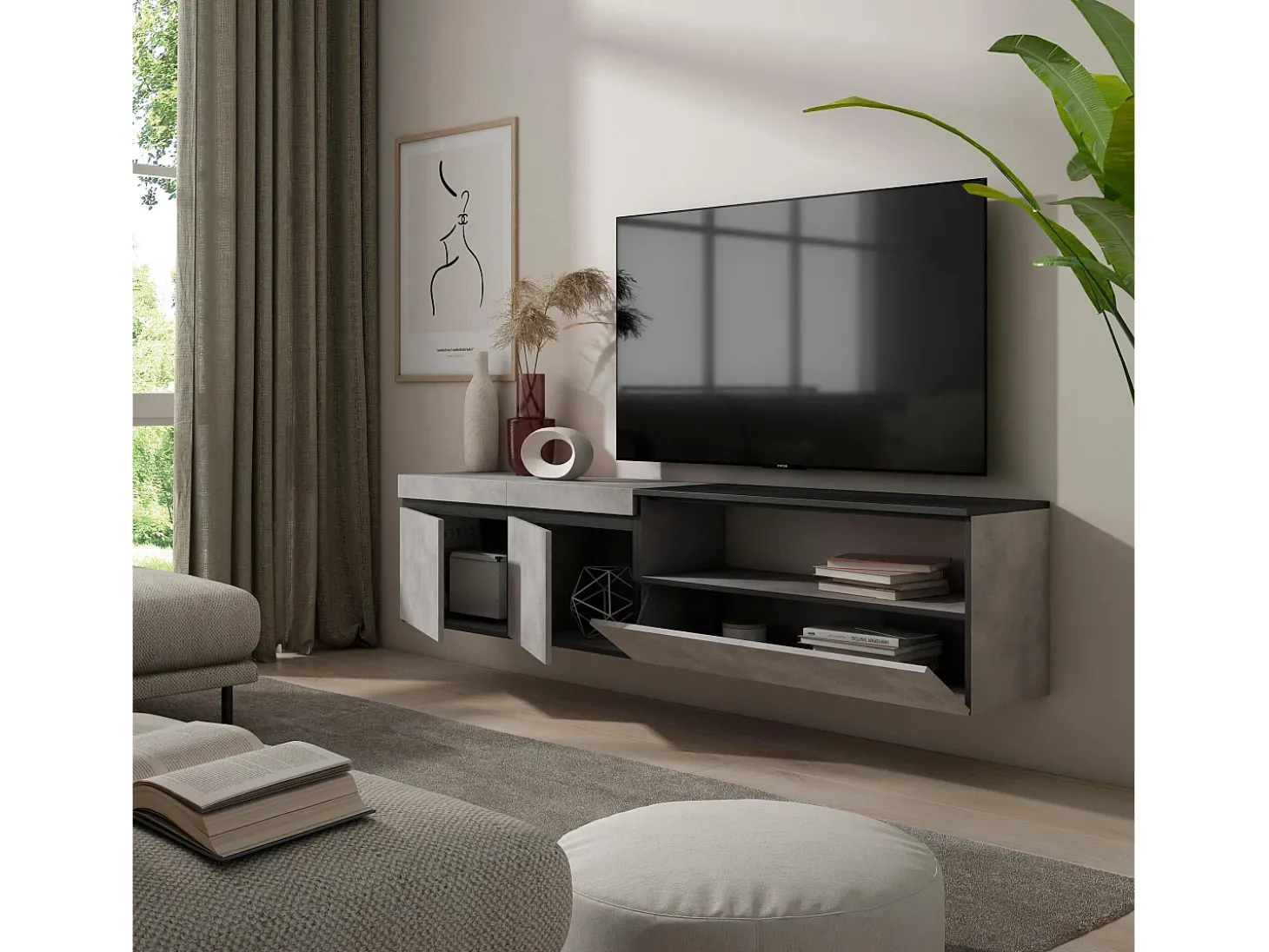 Móvel de TV, 200x35x45cm, Para televisores até 80", Suspensos, Cimento