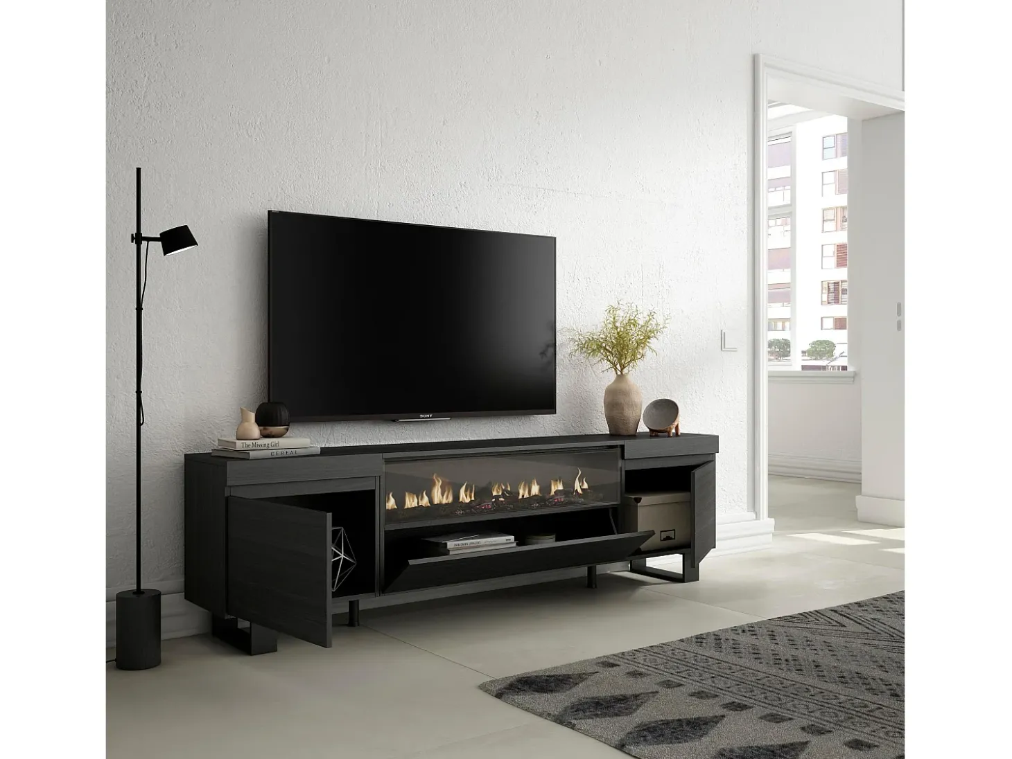 Móvel de TV, 200x35x57cm, Para televisores até 80", Lareira eléctrica, Design industrial, Preto