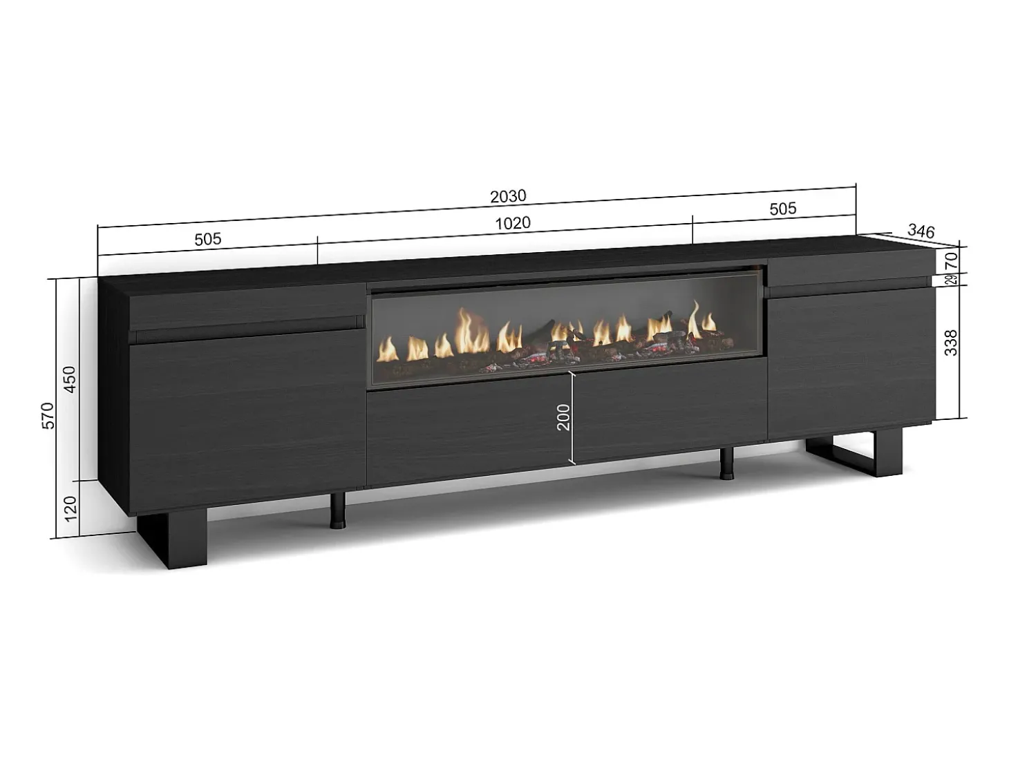 Móvel de TV, 200x35x57cm, Para televisores até 80", Lareira eléctrica, Design industrial, Preto