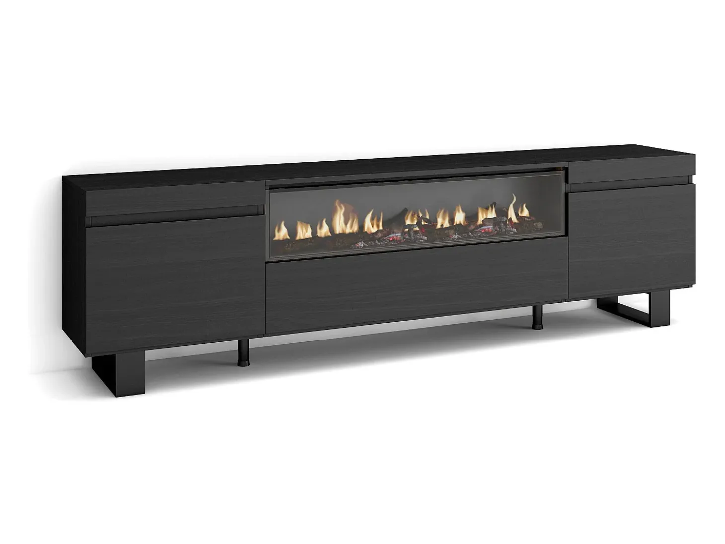 Móvel de TV, 200x35x57cm, Para televisores até 80", Lareira eléctrica, Design industrial, Preto