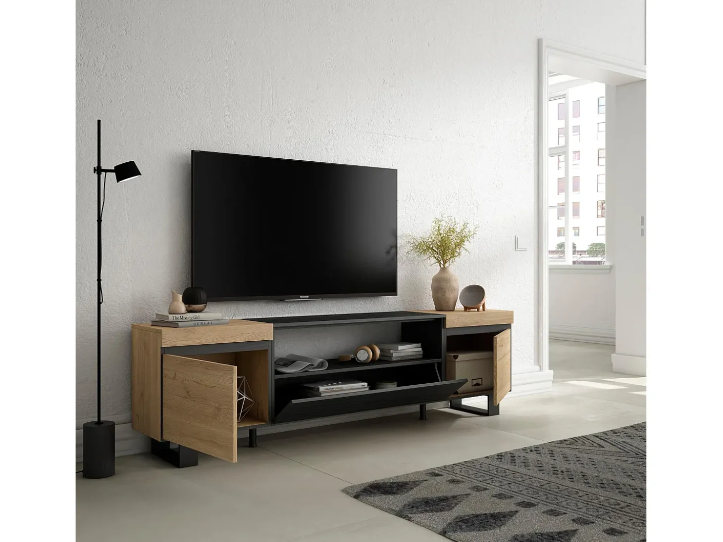 Móvel de TV, 200x35x57cm, Para televisores até 80", Design industrial, Carvahlo e preto