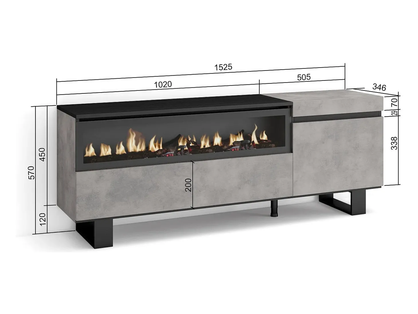 Móvel de TV, 150x35x57cm, Para televisores até 65", Lareira eléctrica, Design industrial, Cimento