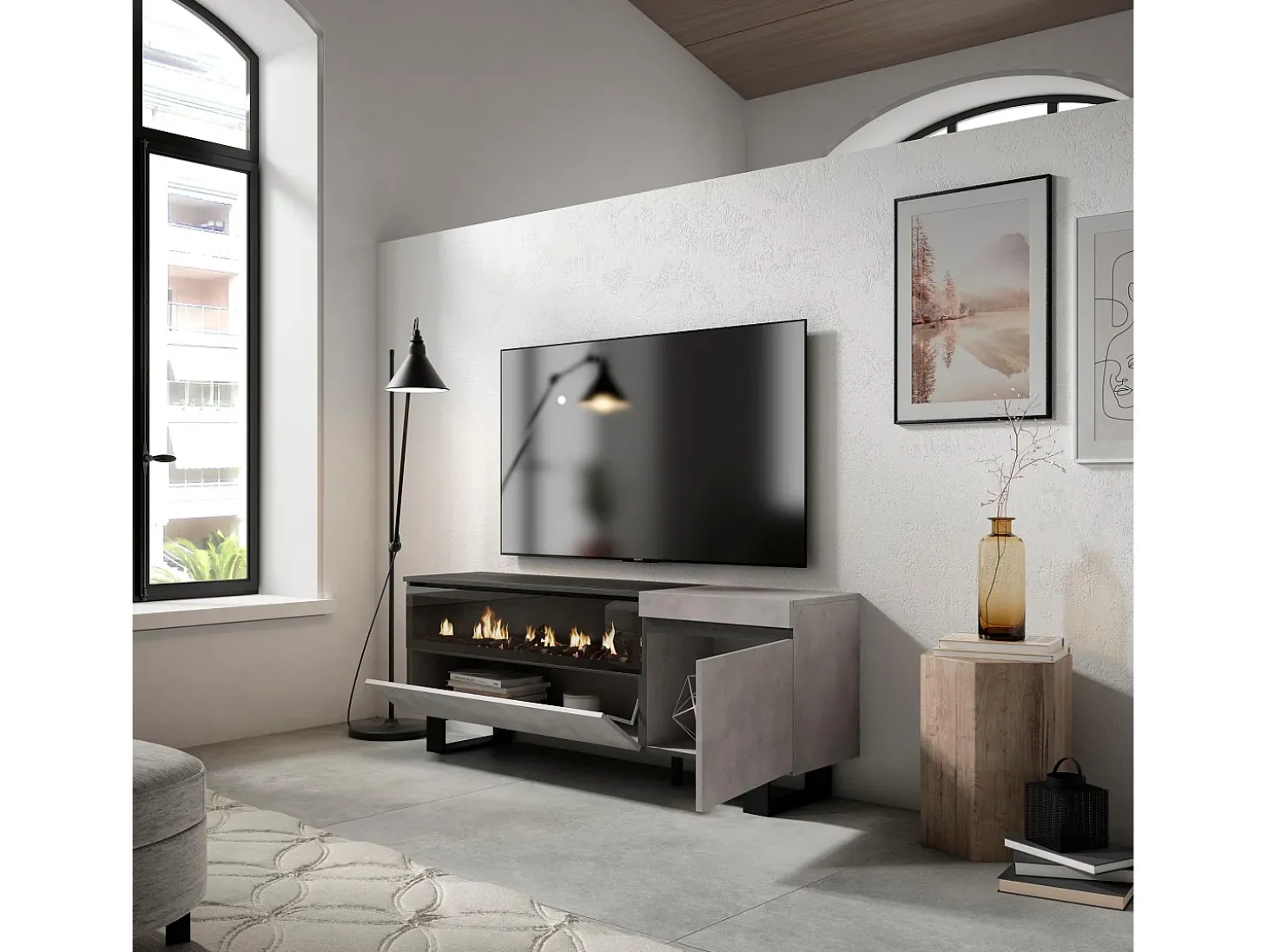 Móvel de TV, 150x35x57cm, Para televisores até 65", Lareira eléctrica, Design industrial, Cimento