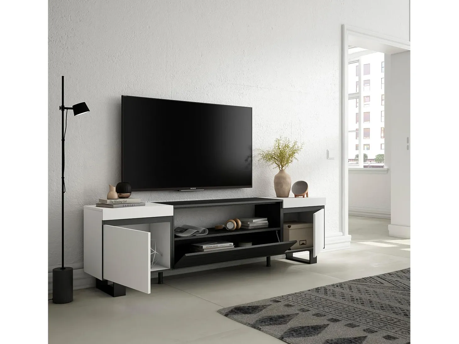 Móvel de TV, 200x35x57cm, Para televisores até 80", Design industrial, Branco e preto