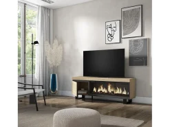 Móvel de TV, 158x35x57cm, Para televisores até 65", Lareira eléctrica XXL, Design industrial, Carvahlo