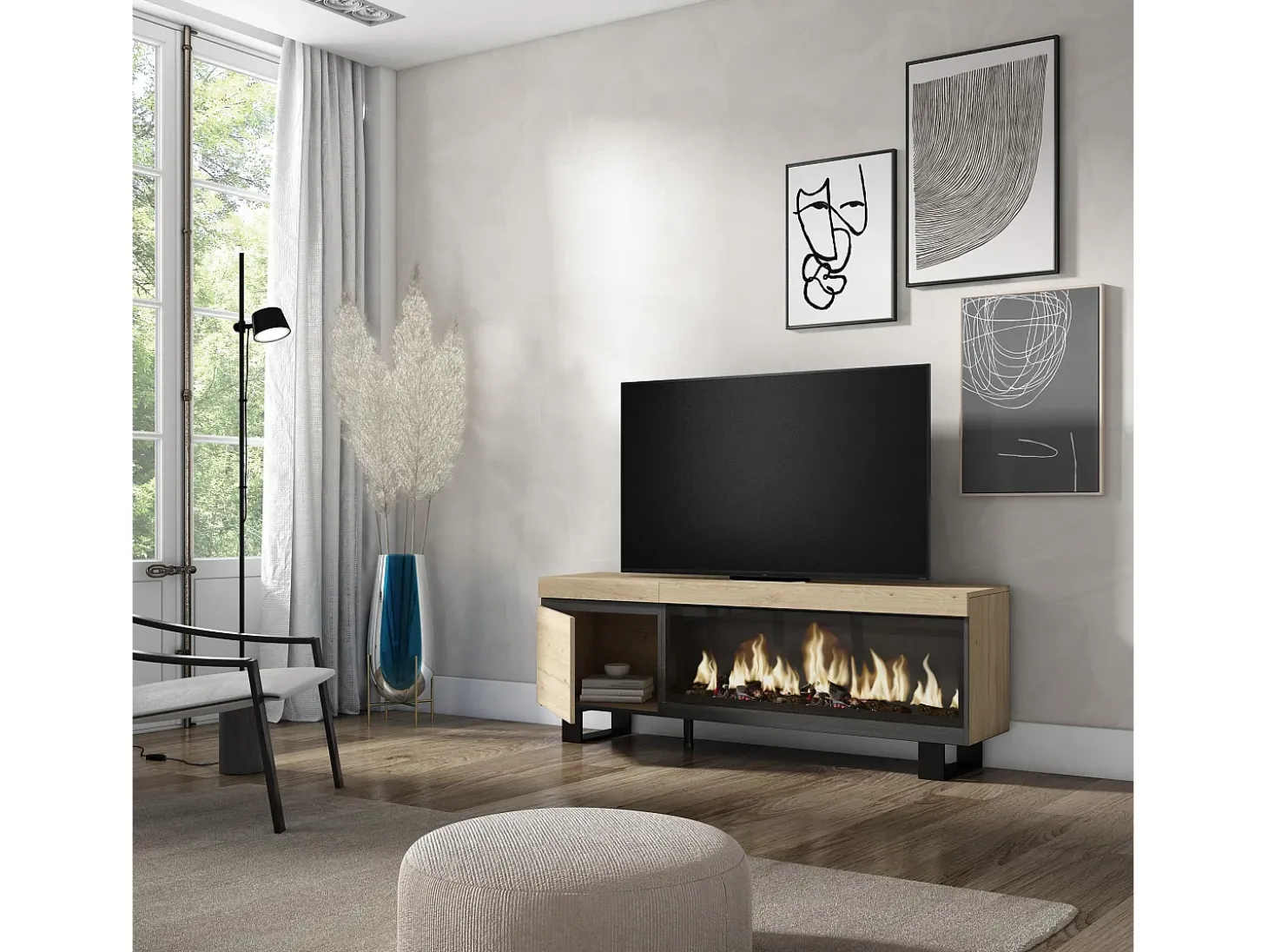 Móvel de TV, 158x35x57cm, Para televisores até 65", Lareira eléctrica XXL, Design industrial, Carvahlo