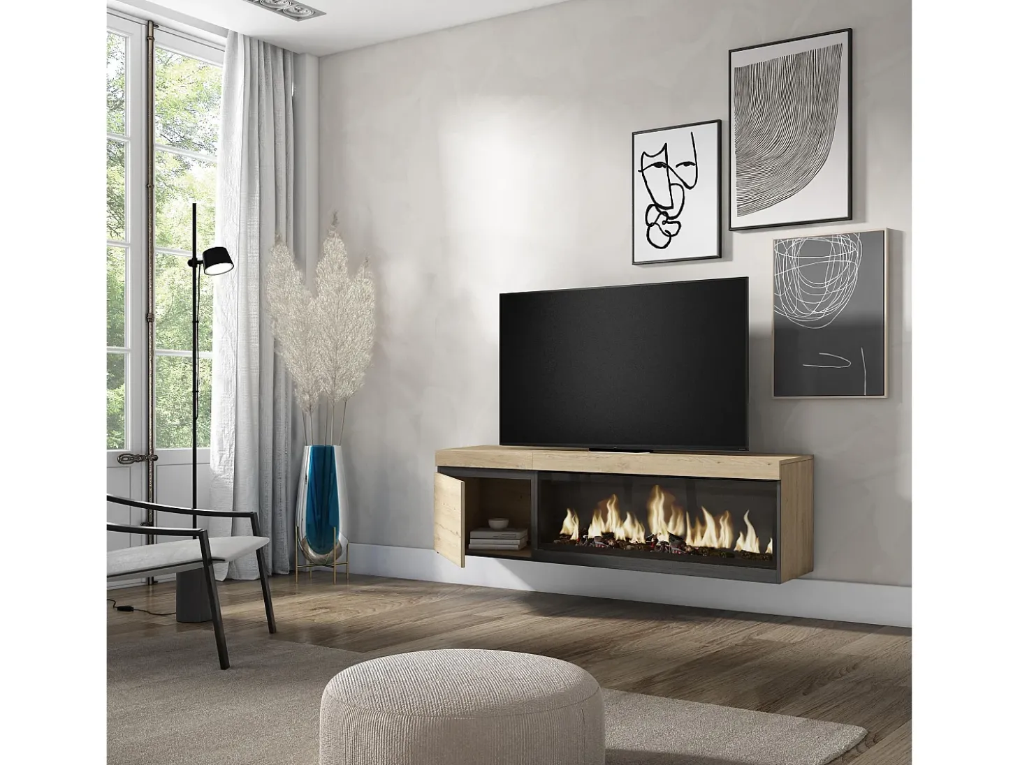 Móvel de TV, 158x35x45cm, Para televisores até 65", Lareira eléctrica XXL, Suspensos, Carvahlo