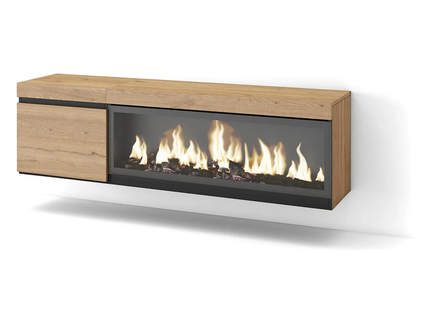 Móvel de TV, 158x35x45cm, Para televisores até 65", Lareira eléctrica XXL, Suspensos, Carvahlo