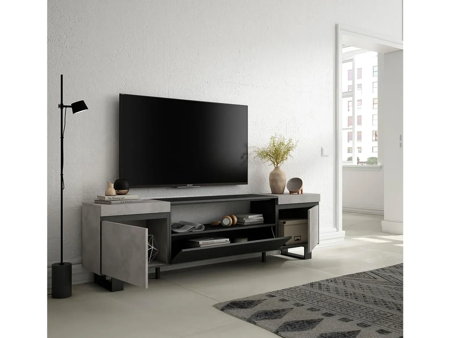 Móvel de TV, 200x35x57cm, Para televisores até 80", Design industrial, Cimento