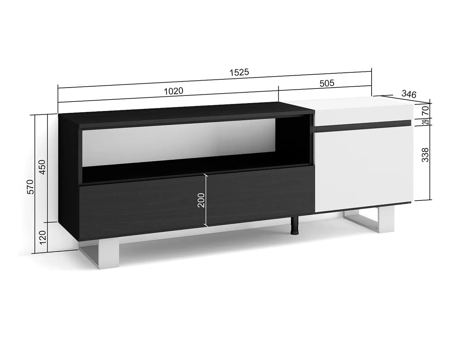 Móvel de TV, 150x35x57cm, Para televisores até 65", Design industrial, Branco e preto