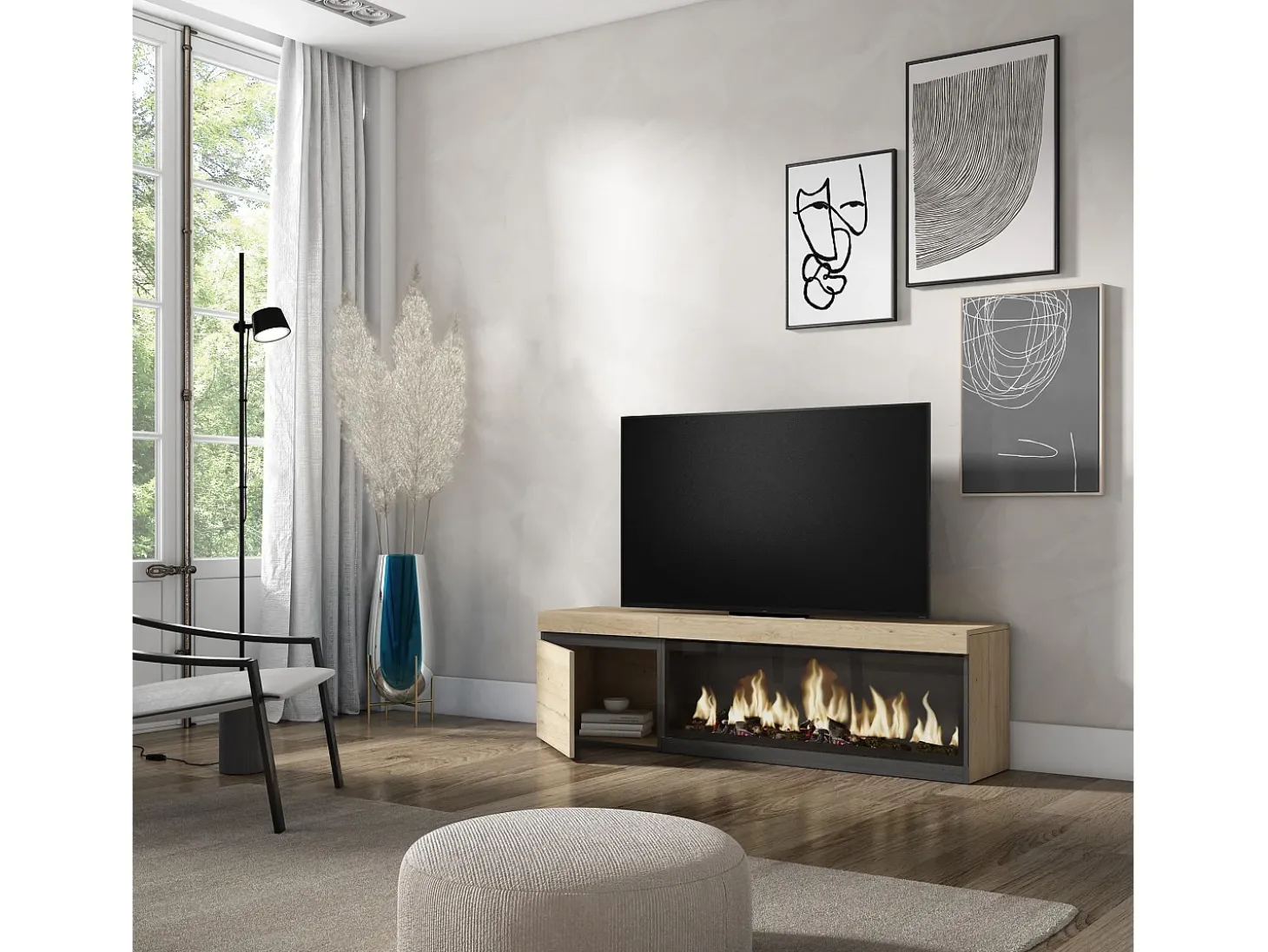 Móvel de TV, 158x35x45cm, Para televisores até 65", Lareira eléctrica XXL, Carvahlo