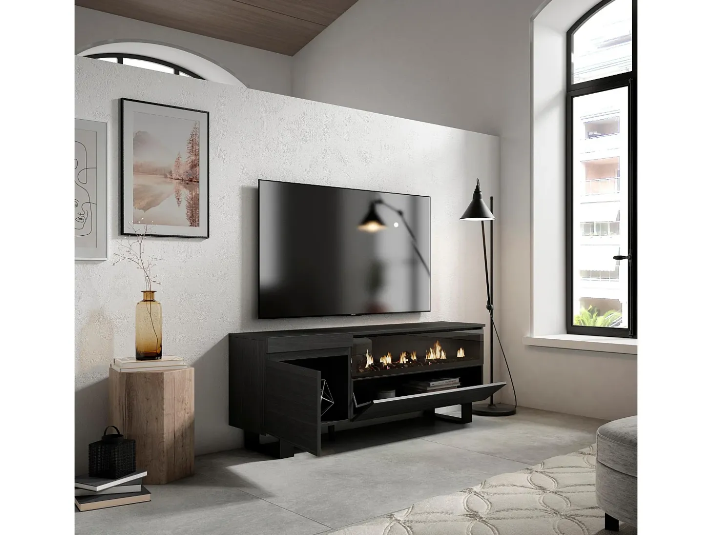 Móvel de TV, 150x35x57cm, Para televisores até 65", Lareira eléctrica, Design industrial, Preto