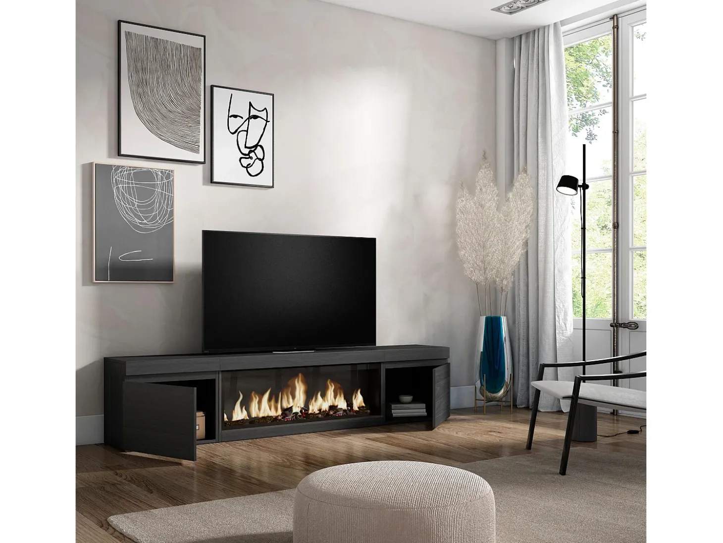 Móvel de TV, 208x35x45cm, Para televisores até 80", Lareira eléctrica XXL, Preto