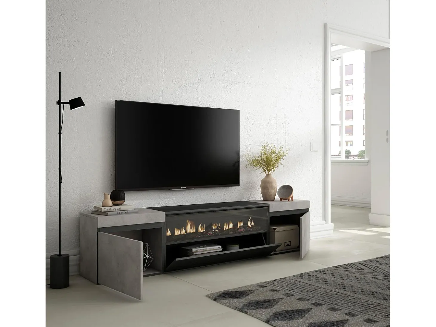 Móvel de TV, 200x35x45cm, Para televisores até 80", Lareira eléctrica, Cimento