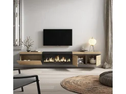 Móvel de TV, 288x35x45cm, TV de grande formato, Lareira eléctrica XXL, Suspensos, Carvahlo e preto
