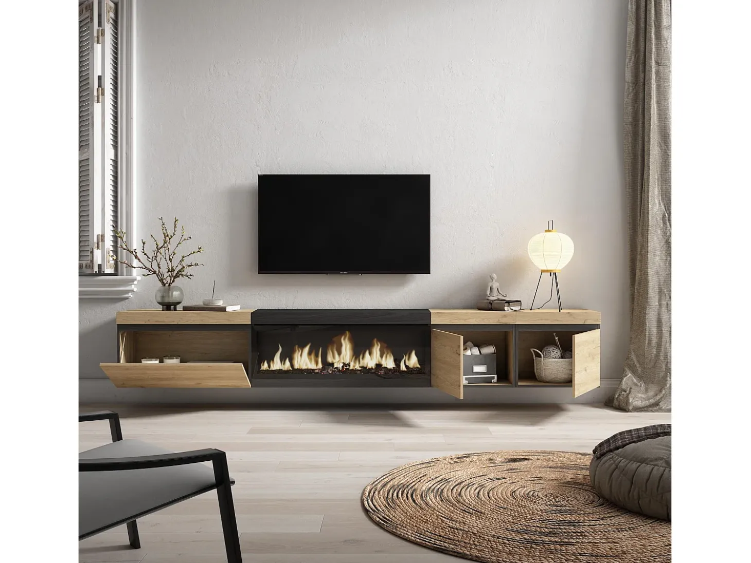 Móvel de TV, 288x35x45cm, TV de grande formato, Lareira eléctrica XXL, Suspensos, Carvahlo e preto
