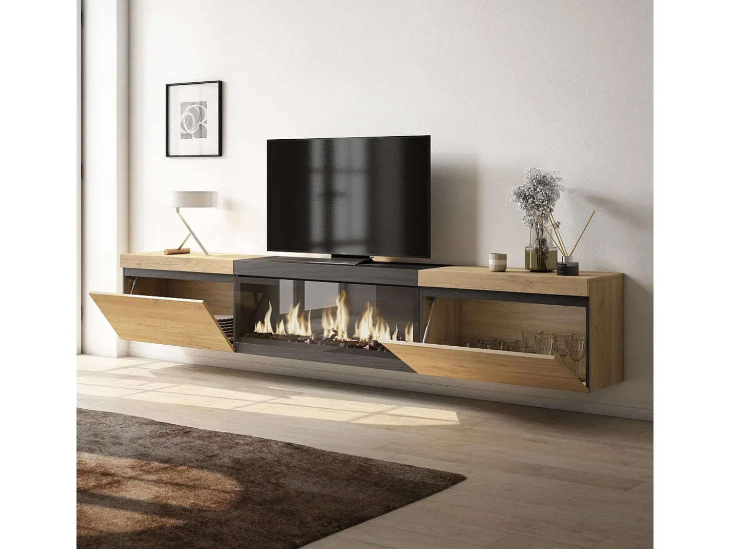 Móvel de TV, 267x35x45cm, TV de grande formato, Lareira eléctrica XXL, Suspensos, Carvahlo e preto