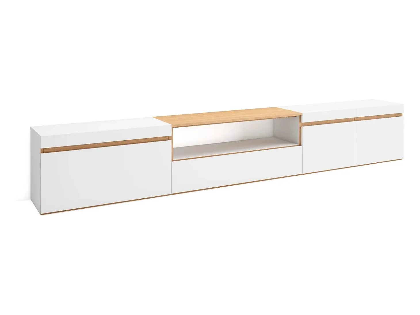 Móvel de TV, 288x35x45cm, TV de grande formato, Estante para TV, Branco e Carvalho soft