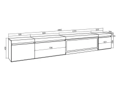 Móvel de TV, 288x35x45cm, TV de grande formato, Lareira eléctrica XXL, Suspensos, Carvahlo e preto