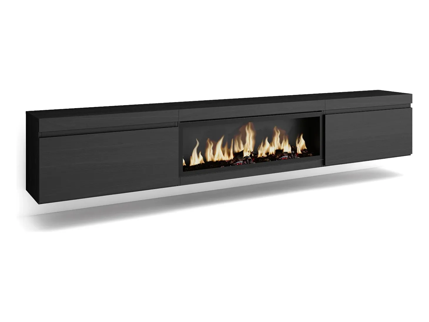 Móvel de TV, 267x35x45cm, TV de grande formato, Lareira eléctrica XXL, Suspensos, Preto