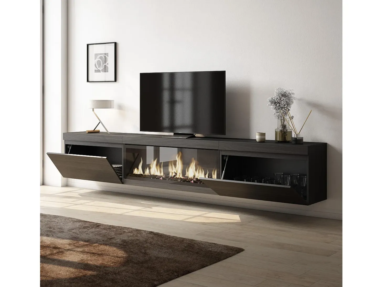 Móvel de TV, 267x35x45cm, TV de grande formato, Lareira eléctrica XXL, Suspensos, Preto