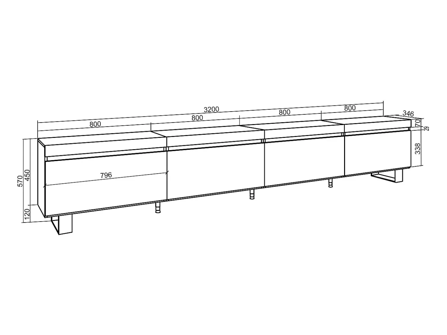 Móvel de TV, 320x35x57cm, TV de grande formato, Design industrial, Cimento