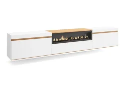 Móvel de TV, 260x35x45cm, TV de grande formato, Lareira eléctrica, Suspensos, Branco e Carvalho soft