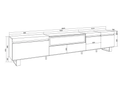 Móvel de TV, 288x35x57cm, TV de grande formato, Lareira eléctrica, Design industrial, Branco e Carvalho soft
