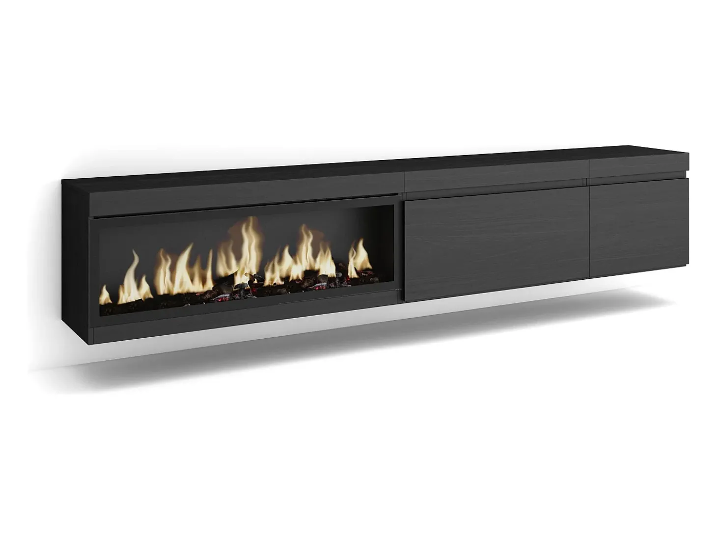 Móvel de TV, 237x35x45cm, TV de grande formato, Lareira eléctrica XXL, Suspensos, Preto