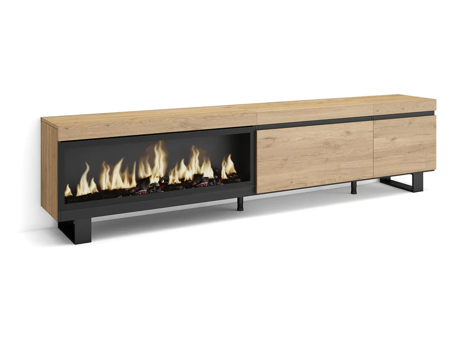 Móvel de TV, 237x35x57cm, TV de grande formato, Lareira eléctrica XXL, Design industrial, Carvalho