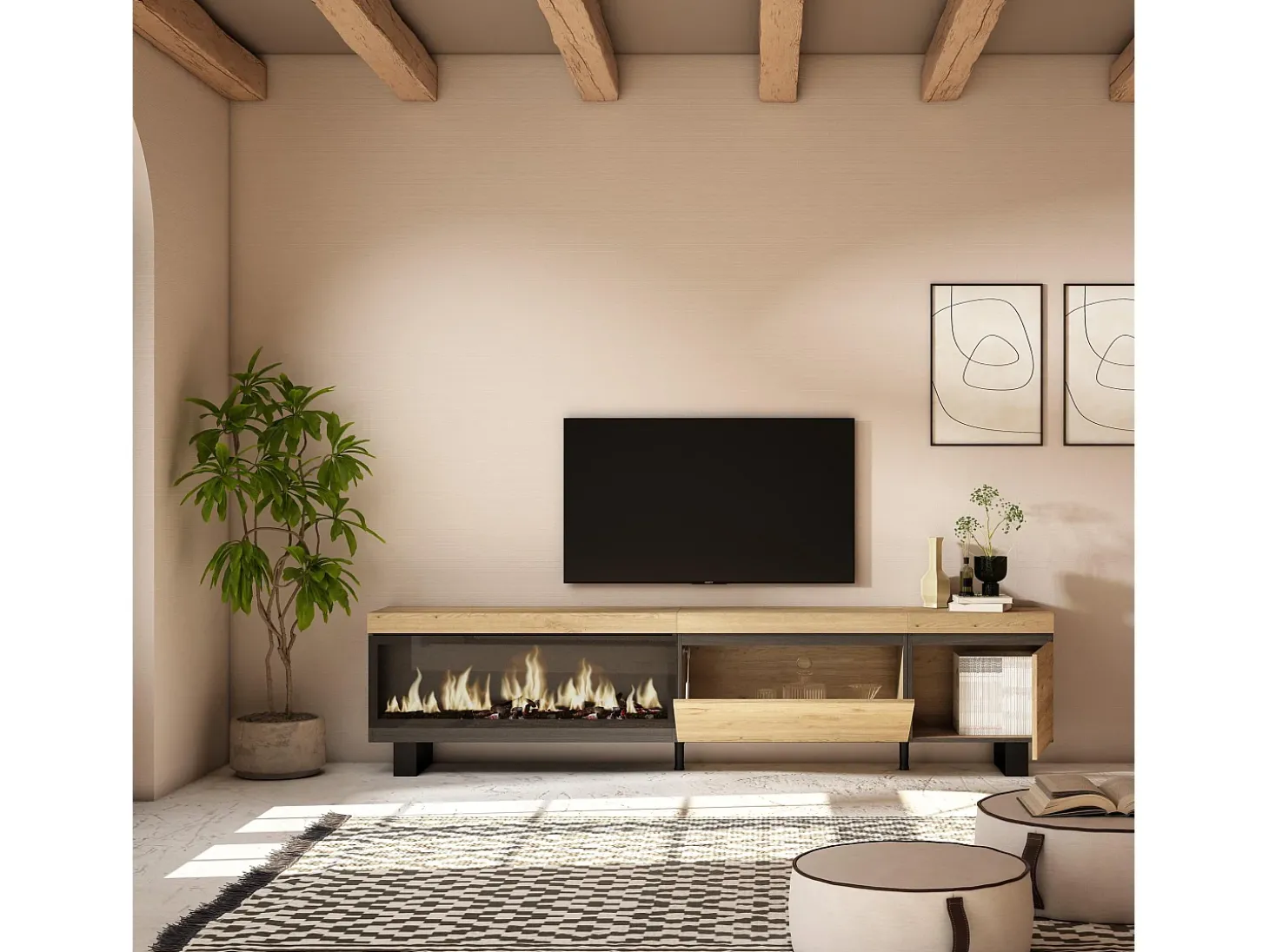 Móvel de TV, 237x35x57cm, TV de grande formato, Lareira eléctrica XXL, Design industrial, Carvalho